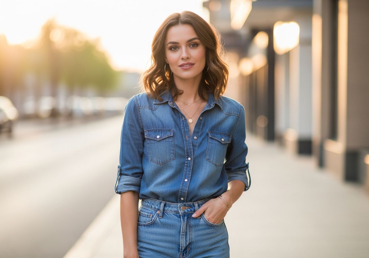 Mladá žena v džínové košili a kalhotách stojí venku na městské ulici za zlaté hodiny.