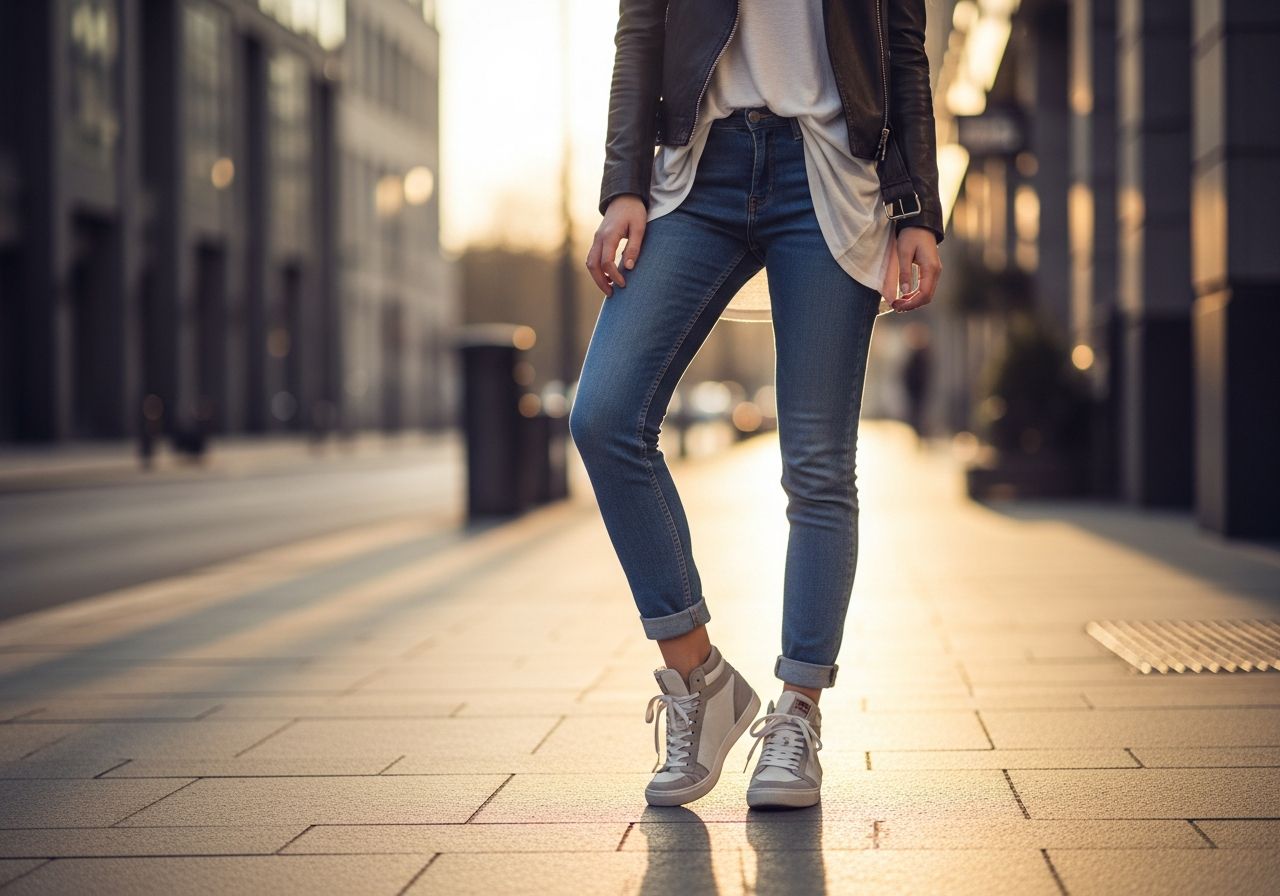 Mladá žena ve městě v teniskách, džínech a kožené bundě při zlaté hodince.