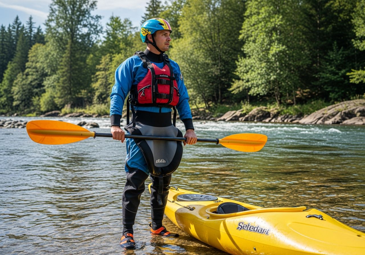 Osoba v kajakářském oblečení s pádlem stojí u řeky vedle žlutého kajaku před jízdou v peřejích.