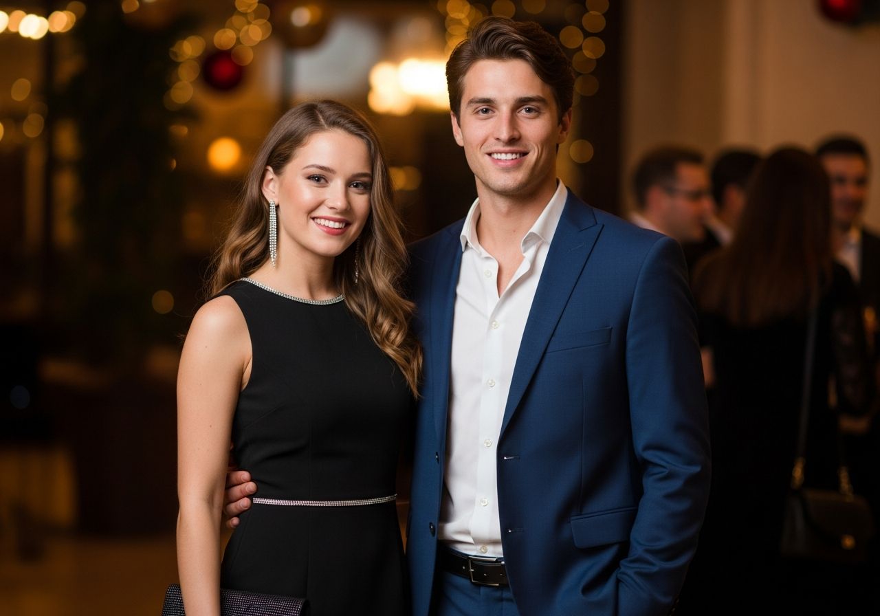 Mladý pár na večerní párty v elegantním oblečení v teplém osvětlení s rozmazanými dekoracemi kolem