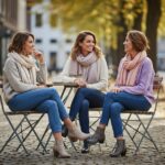 Tři ženy v kavárně venku v pohodlném oblečení ulice a stromy v pozadí při slunečném dni