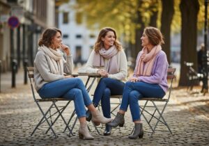 Tři ženy v kavárně venku v pohodlném oblečení ulice a stromy v pozadí při slunečném dni