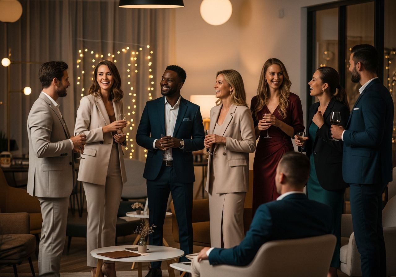 Skupina kolegů v elegantním večerním oblečení na firemní párty v moderním kancelářském lounge