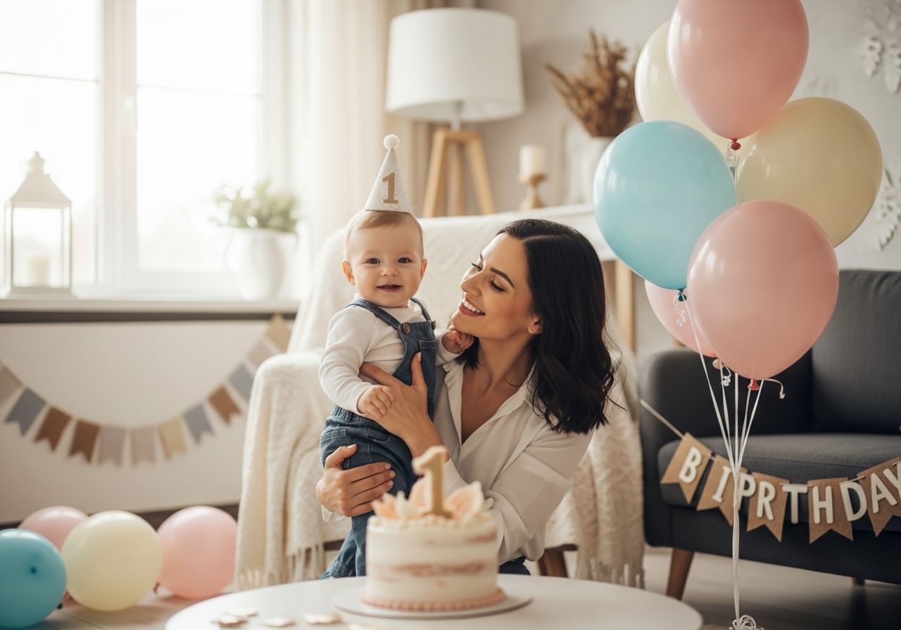 Matka drží jednorocní dítě u narozeninového dortu a balónků v útulném obývacím pokoji.