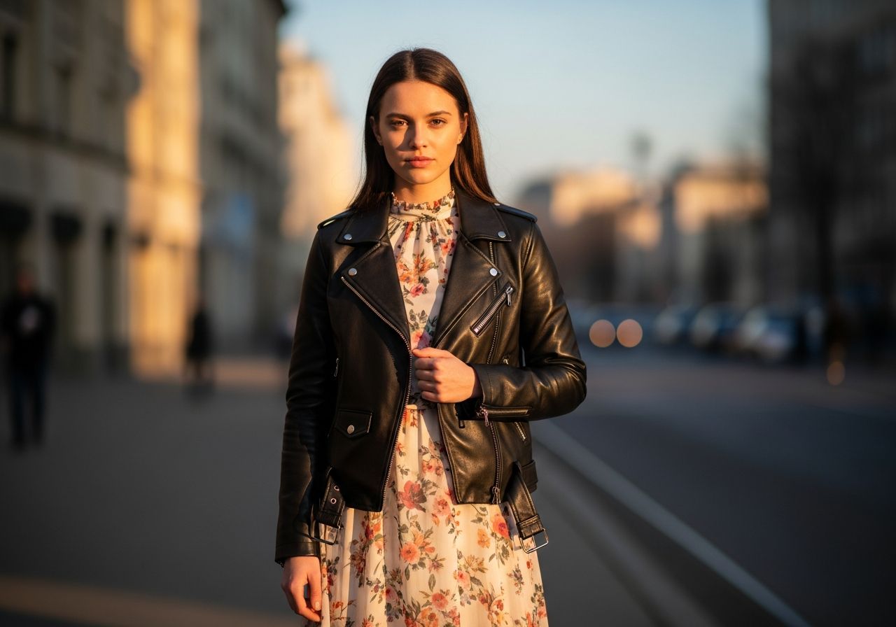 Mladá žena v černé kožené bundě a květinových šatech ve městě za zlaté hodiny