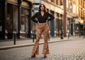 Mladá žena v retro zvonových kalhotách a moderní blůze na městské ulici při zlaté hodině