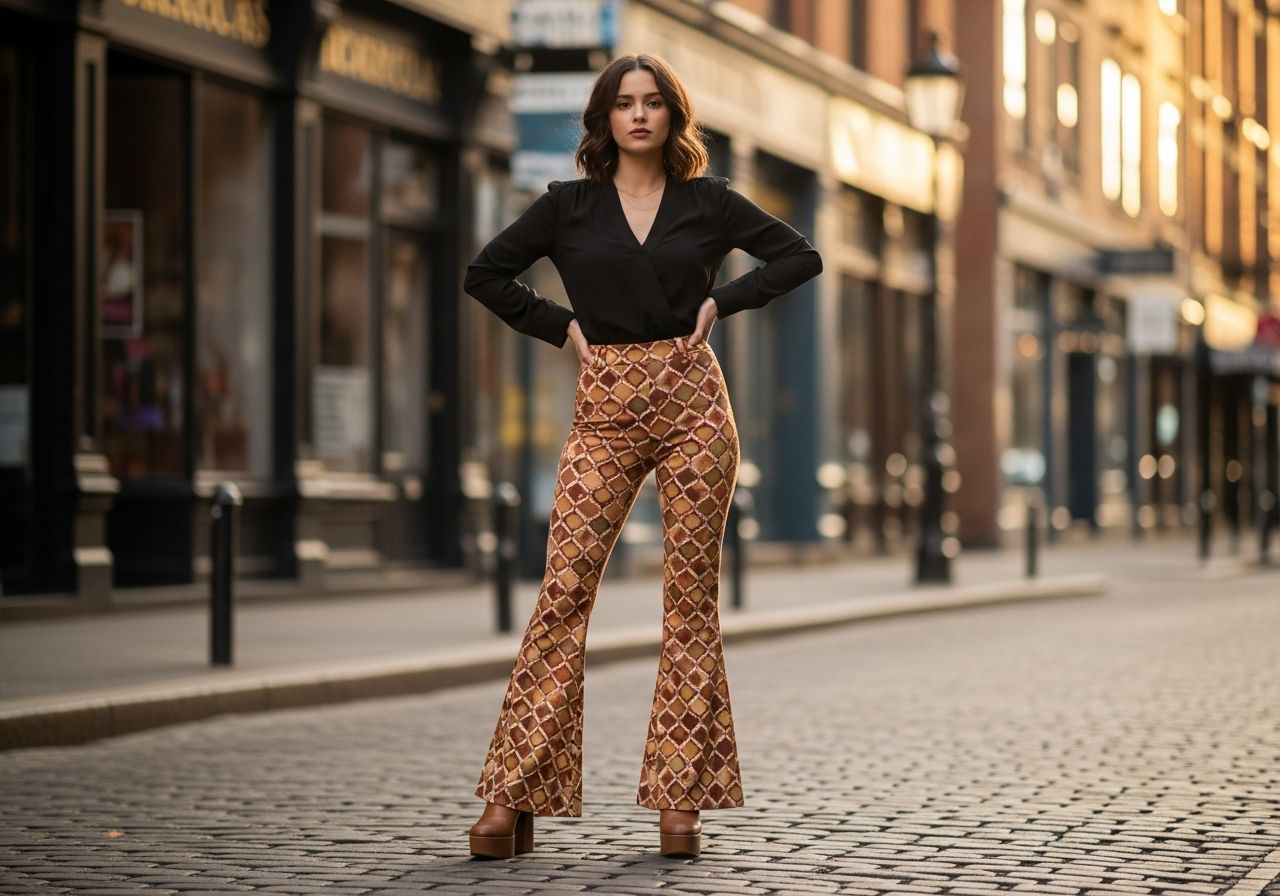 Mladá žena v retro zvonových kalhotách a moderní blůze na městské ulici při zlaté hodině