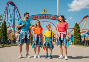 Rodina u vstupu do Energylandie v pohodlném oblečení, vedle barevných horských drah za jasného dne.