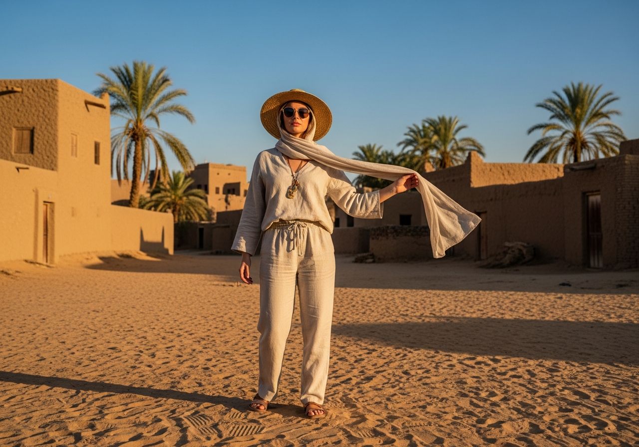Mladá žena v létě v egyptské pouštní vesnici v lněném oblečení a klobouku s šátkem v ruce