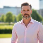 Muž ve světlé růžové košili stojí v městském parku s moderními budovami v pozadí.