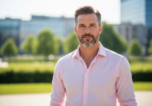Muž ve světlé růžové košili stojí v městském parku s moderními budovami v pozadí.