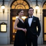 Mladý pár ve formálním oblečení před koncertní síní ve večerním osvětlení.