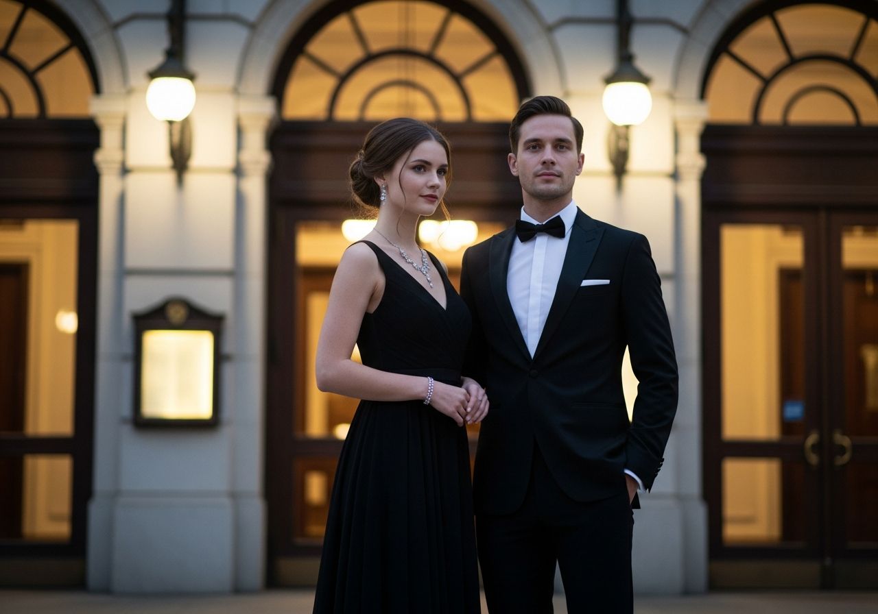 Mladý pár ve formálním oblečení před koncertní síní ve večerním osvětlení.
