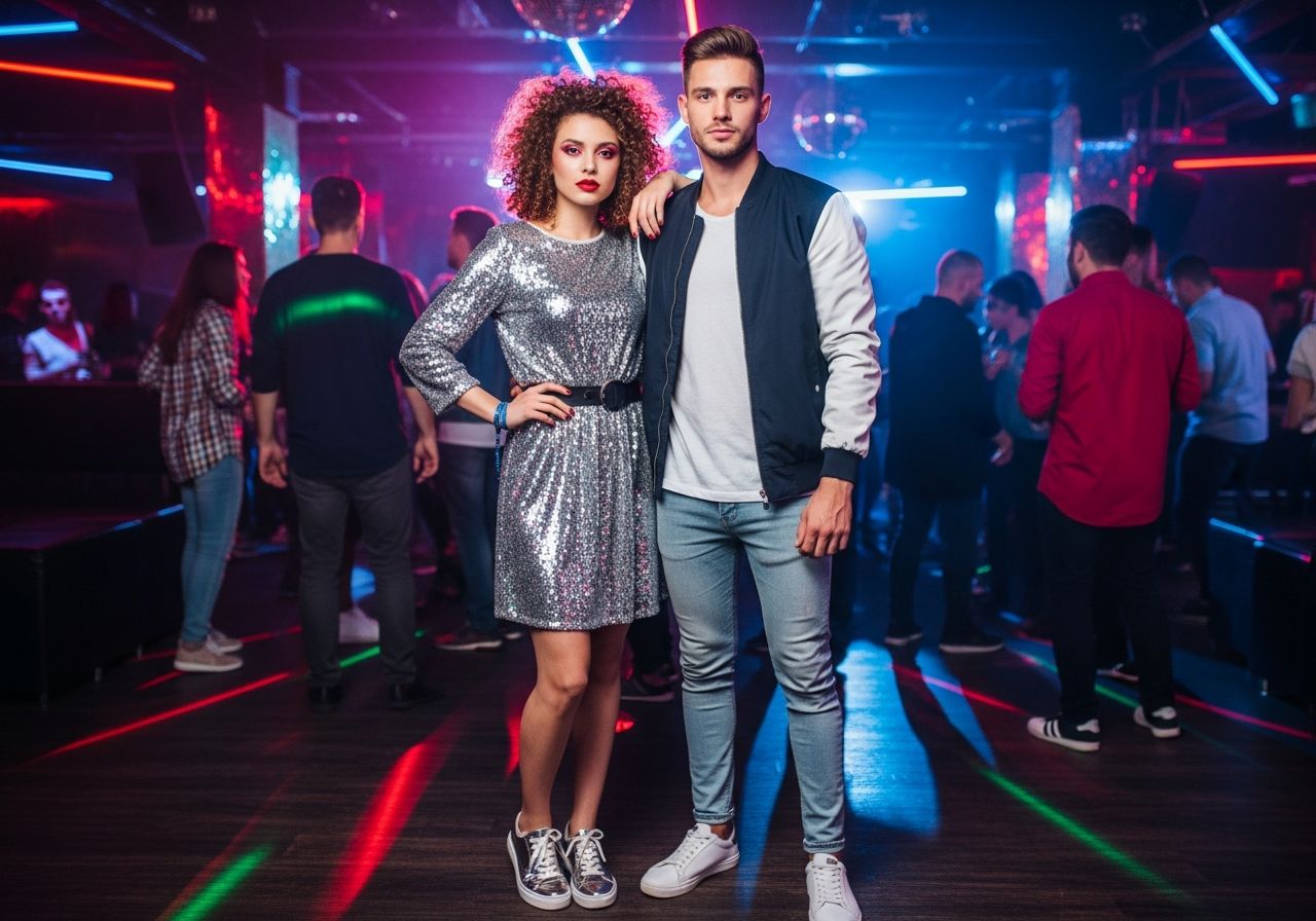 Mladý pár v barevné diskotéce v módním oblečení, neonová světla a rozmazaný dav kolem nich.