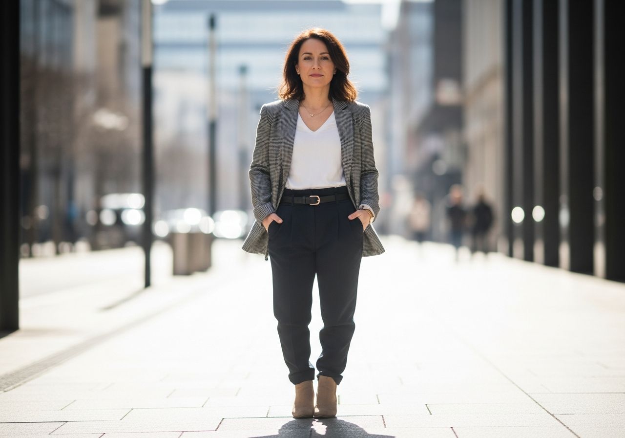 Žena v moderním městském oblečení stojí na ulici za denního světla, rozostřené městské pozadí.