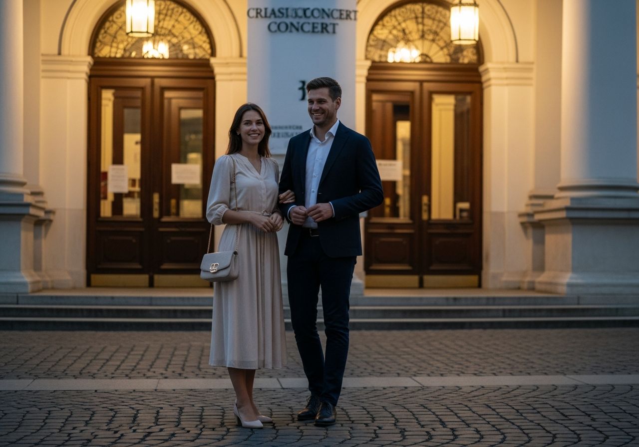 Mladý pár v elegantním oblečení před koncertní síní večer na dlažbě bez textu