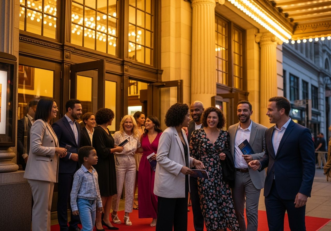 Skupina lidí odchází z historického divadla večer s červeným kobercem a programy v ruce.