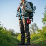 Mladý turista připravený na výlet v lese s batohem a mapou za jasného dne