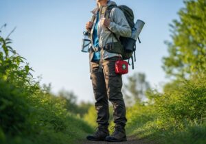 Mladý turista připravený na výlet v lese s batohem a mapou za jasného dne