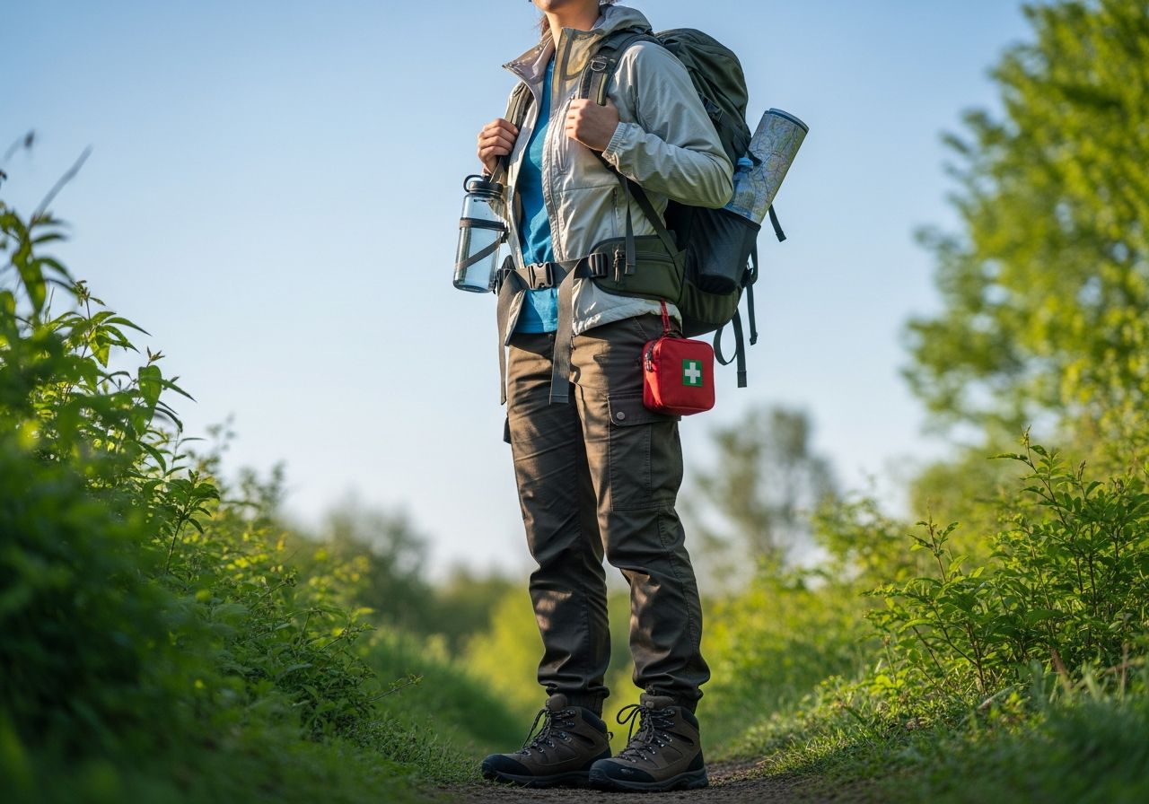 Mladý turista připravený na výlet v lese s batohem a mapou za jasného dne