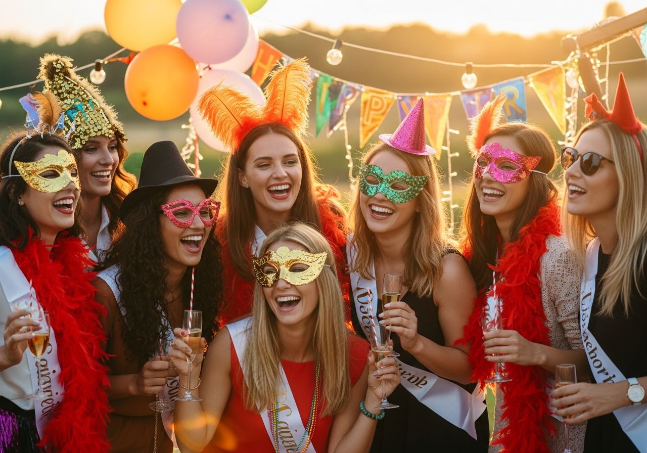 Skupina mladých žen v barevných kostýmech slaví rozlučku se svobodou venku za zlaté hodiny.