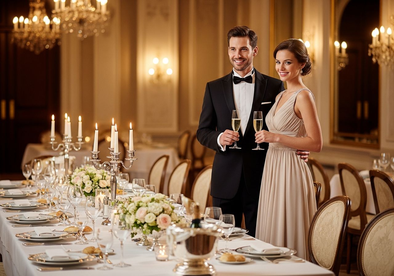Muž a žena v elegantním oblečení při banketu u prostřeného stolu s květinami a svícny