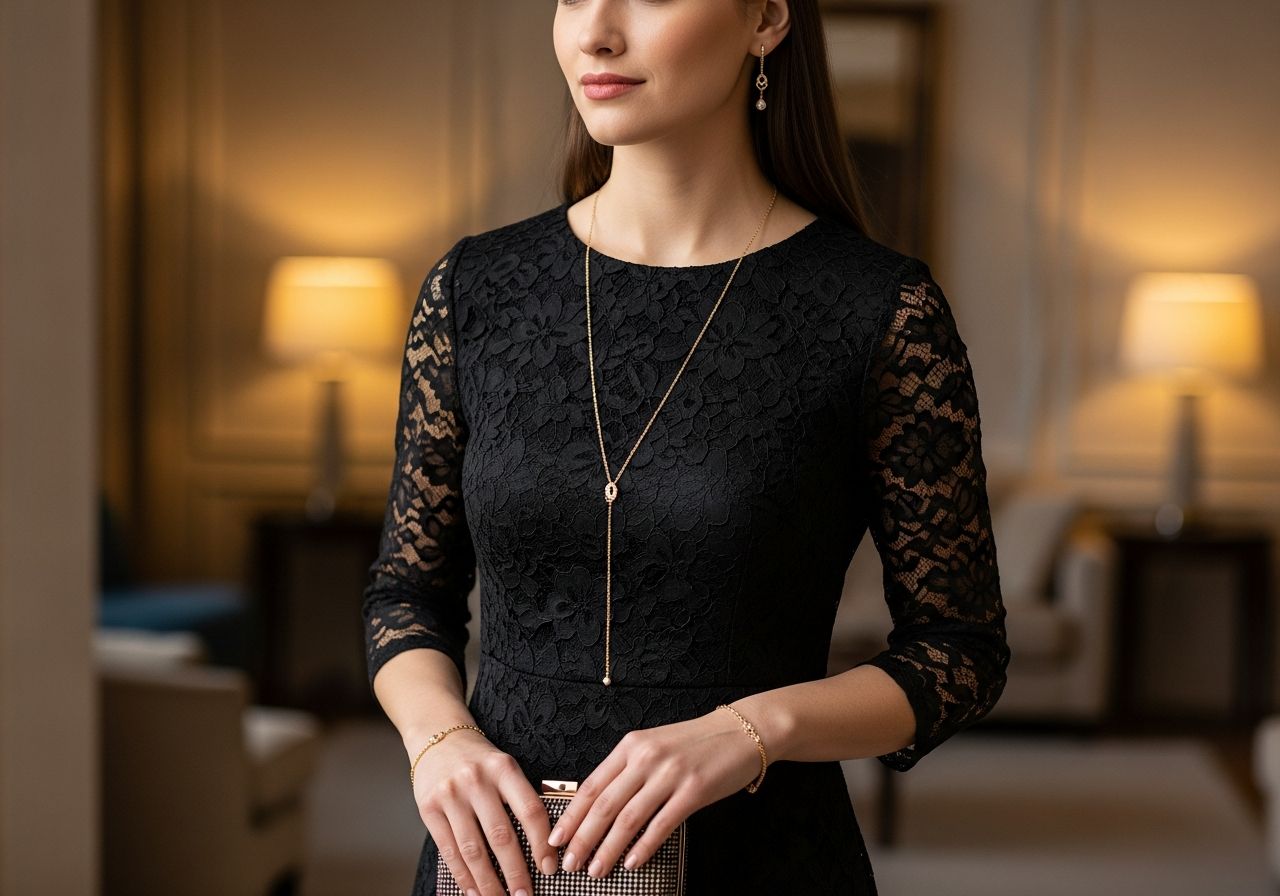 Stylová žena v černých krajkových šatech s jemnými zlatými šperky drží malou kabelku v elegantním interiéru