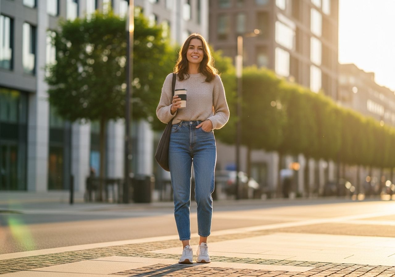 Mladá žena v městě s termohrnkem, nosí svetr, džíny a bílé tenisky během zlaté hodiny.