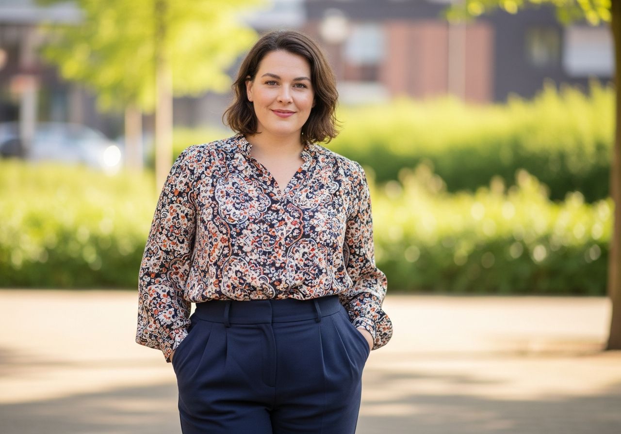 Plus size žena venku v parku, usmívá se, má pohodlné oblečení zdůrazňující postavu.