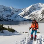 Zamrzlé jezero Morské oko s horami a turistou v zimním oblečení pod modrou oblohou.