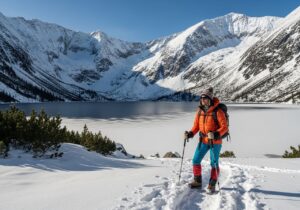Zamrzlé jezero Morské oko s horami a turistou v zimním oblečení pod modrou oblohou.