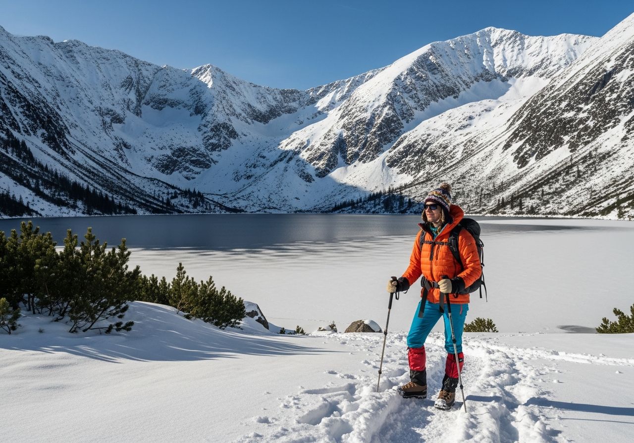 Zamrzlé jezero Morské oko s horami a turistou v zimním oblečení pod modrou oblohou.