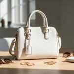 Bílá kabelka se zlatými šperky, slunečními brýlemi a koženou peněženkou na dřevěném stole