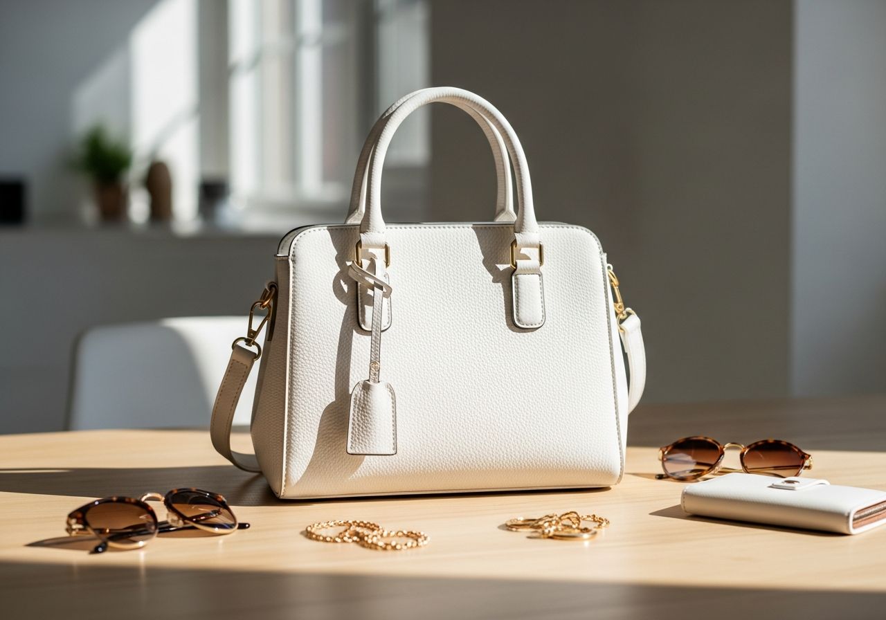 Bílá kabelka se zlatými šperky, slunečními brýlemi a koženou peněženkou na dřevěném stole