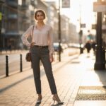 Stylová žena na městském chodníku během zlaté hodiny, oblečená pro první rande, s úsměvem a přirozeným líčením