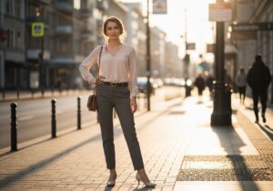 Stylová žena na městském chodníku během zlaté hodiny, oblečená pro první rande, s úsměvem a přirozeným líčením