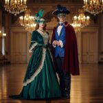 Mladý pár v benátských maskách v elegantních kostýmech na ples v honosné síni