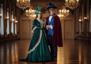 Mladý pár v benátských maskách v elegantních kostýmech na ples v honosné síni