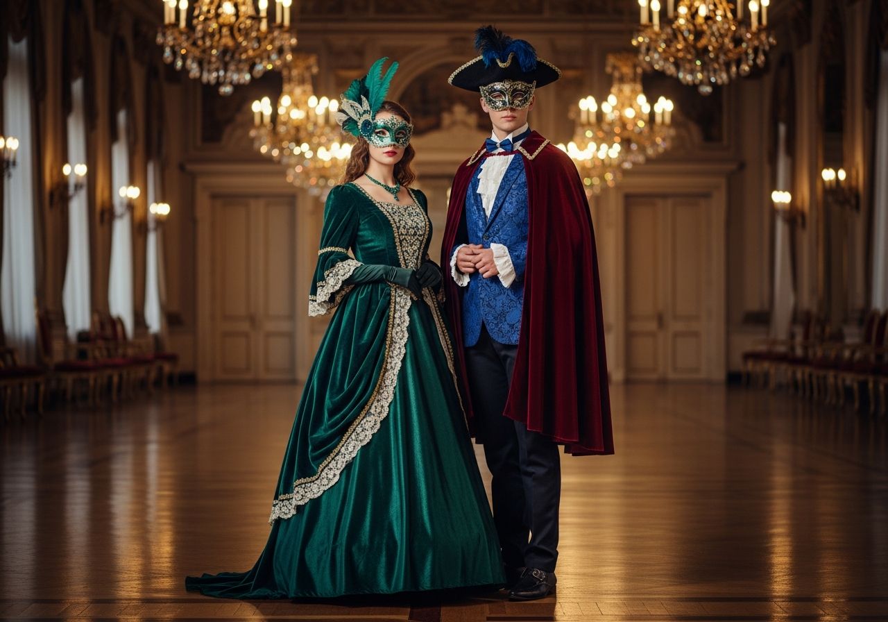 Mladý pár v benátských maskách v elegantních kostýmech na ples v honosné síni