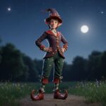 Pohádková postava v špičatých botách stojí v měsícem osvětlené mýtině s hvězdami na noční obloze.