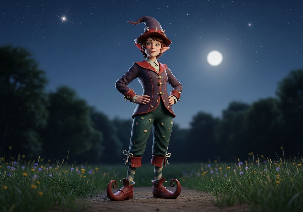 Pohádková postava v špičatých botách stojí v měsícem osvětlené mýtině s hvězdami na noční obloze.