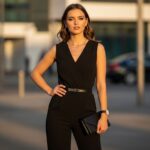 Mladá žena v černém overalu s doplňky stojí ve městě za zlaté hodiny.