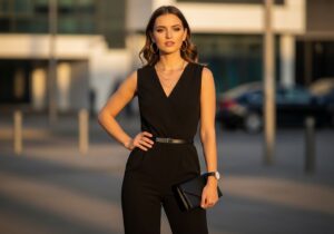 Mladá žena v černém overalu s doplňky stojí ve městě za zlaté hodiny.