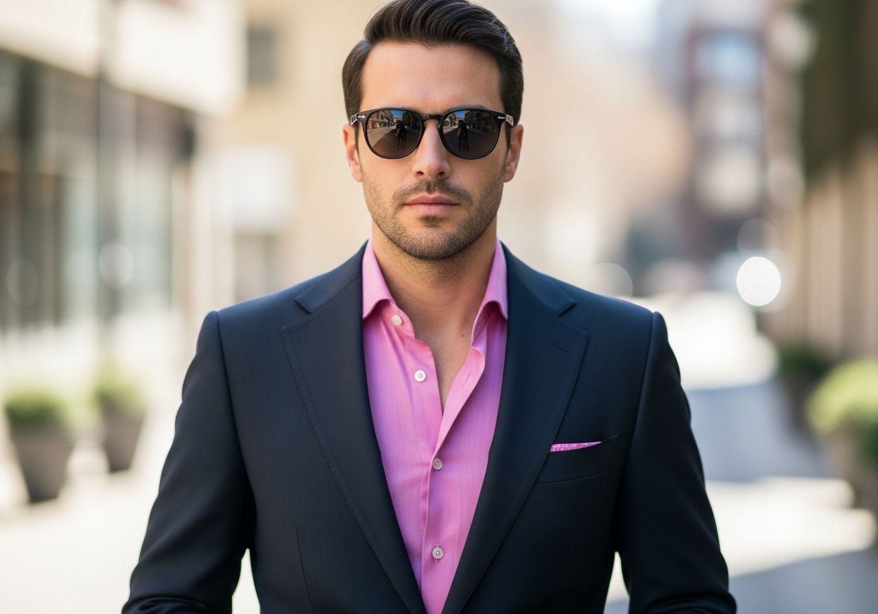 Muž v tmavě modrém obleku s růžovou košilí stojí na rozostřeném městském pozadí za denního světla.