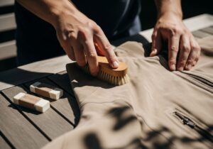 Osoba čistí béžovou semišovou bundu jemným štětcem na dřevěném stole za denního světla.