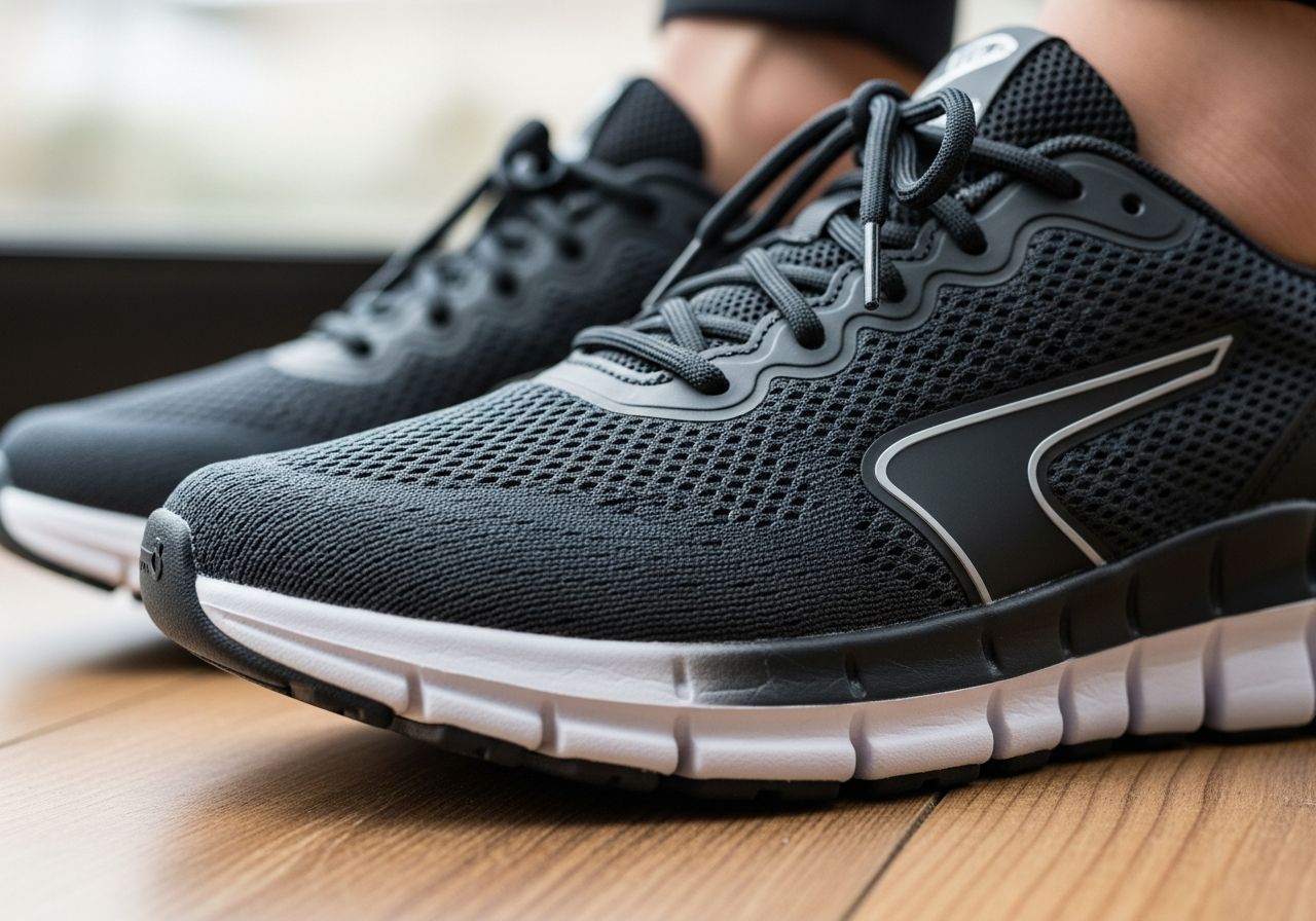 Pár moderních tenisek na dřevěné podlaze s prodyšnou síťovinou a flexibilní podrážkou