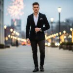 Mladý muž v městském prostředí na Silvestra v tmavém saka a bílé košili, slavnostní večer