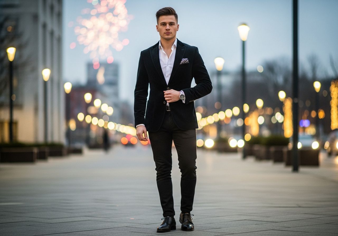 Mladý muž v městském prostředí na Silvestra v tmavém saka a bílé košili, slavnostní večer