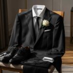 Černý pohřební oblek na dřevěné židli s bílou růží, v elegantní místnosti s přirozeným světlem.