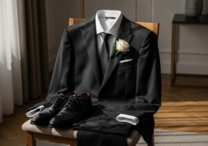 Černý pohřební oblek na dřevěné židli s bílou růží, v elegantní místnosti s přirozeným světlem.